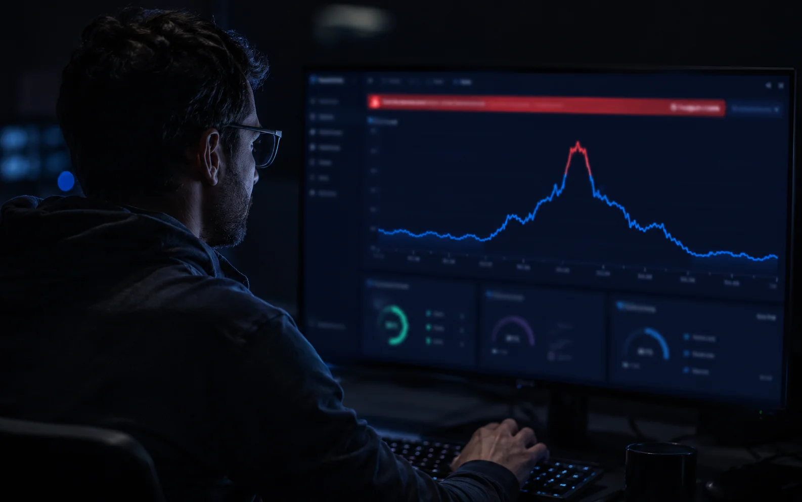 An engineer in a dark operations room at night, studying a dashboard where a latency spike flares red and then recovers.