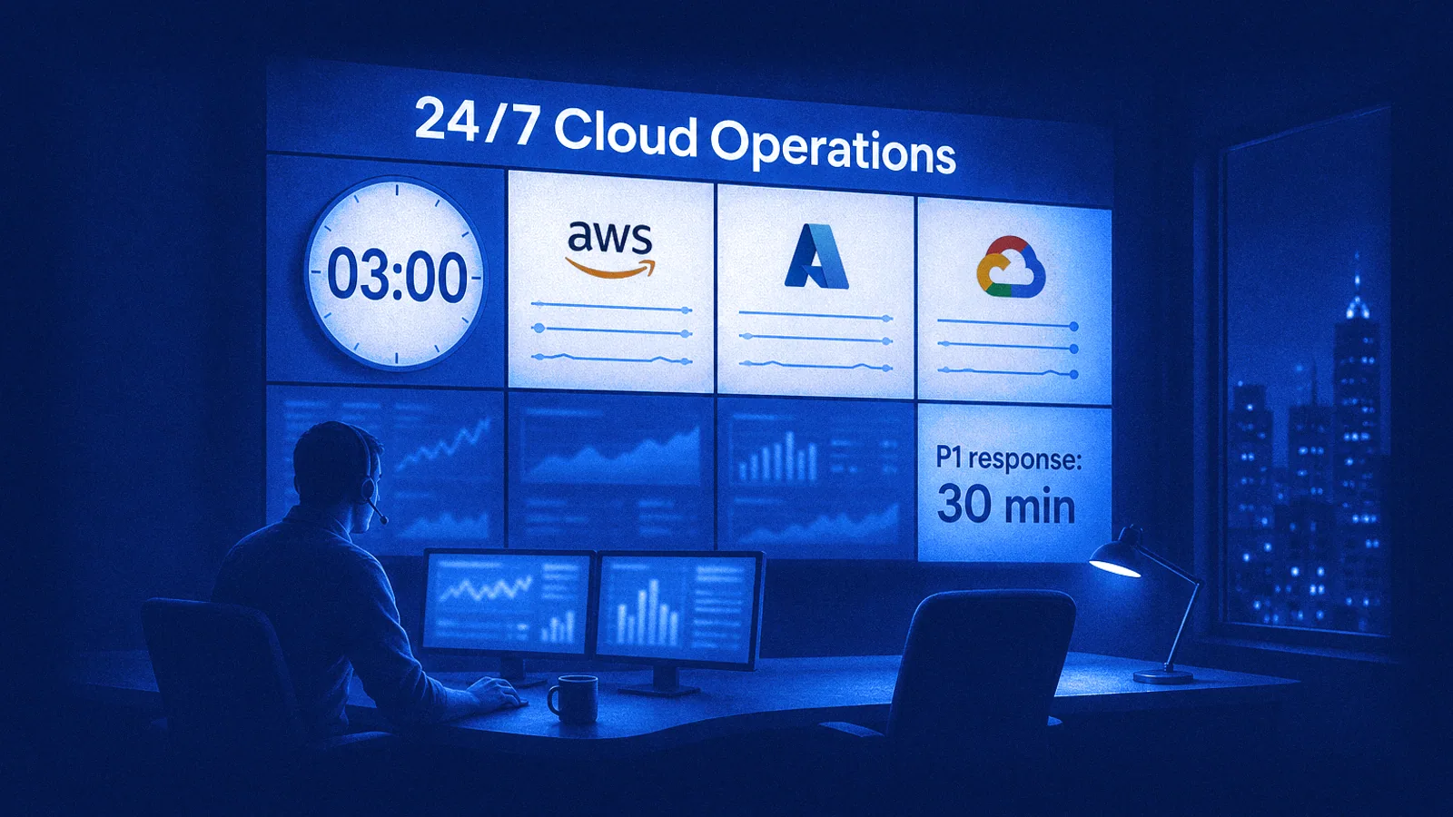 A cloud operations engineer on shift at 3 a.m., lit by a video wall showing AWS, Azure and Google Cloud health and a 30-minute P1 response target.