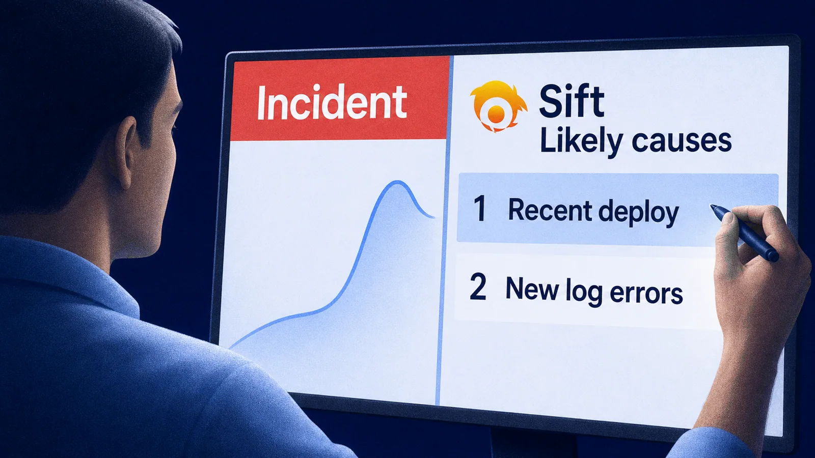 Close view of an engineer pointing a pen at the top-ranked likely cause in a Grafana Sift pane, next to an incident graph on the same monitor.