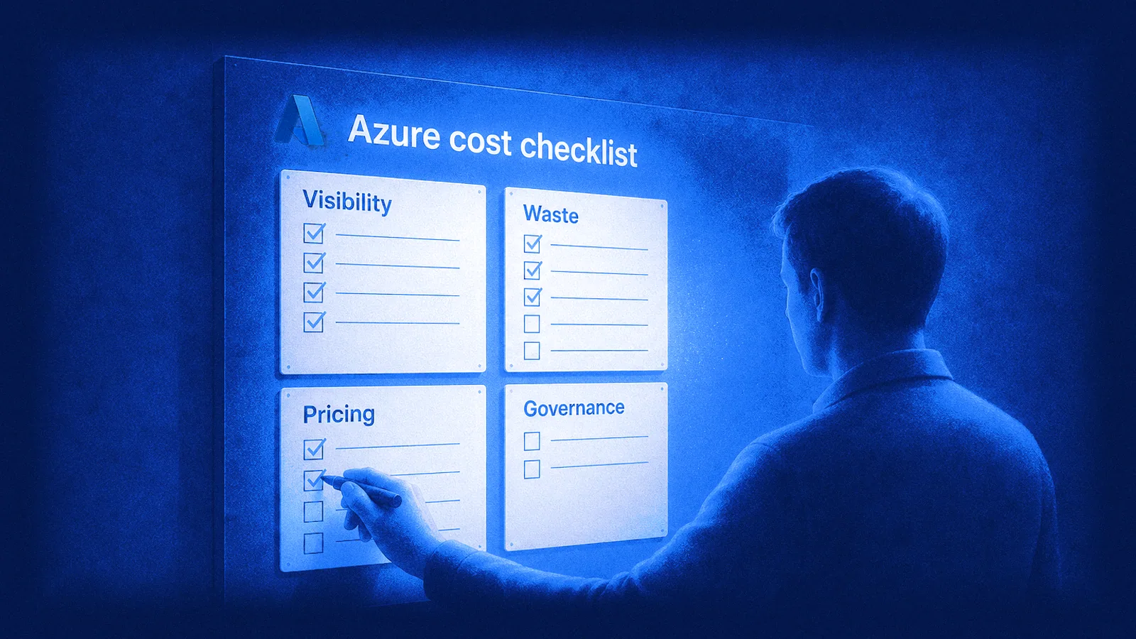 Engineer ticking an Azure cost checklist split into four groups: visibility, waste, pricing and governance