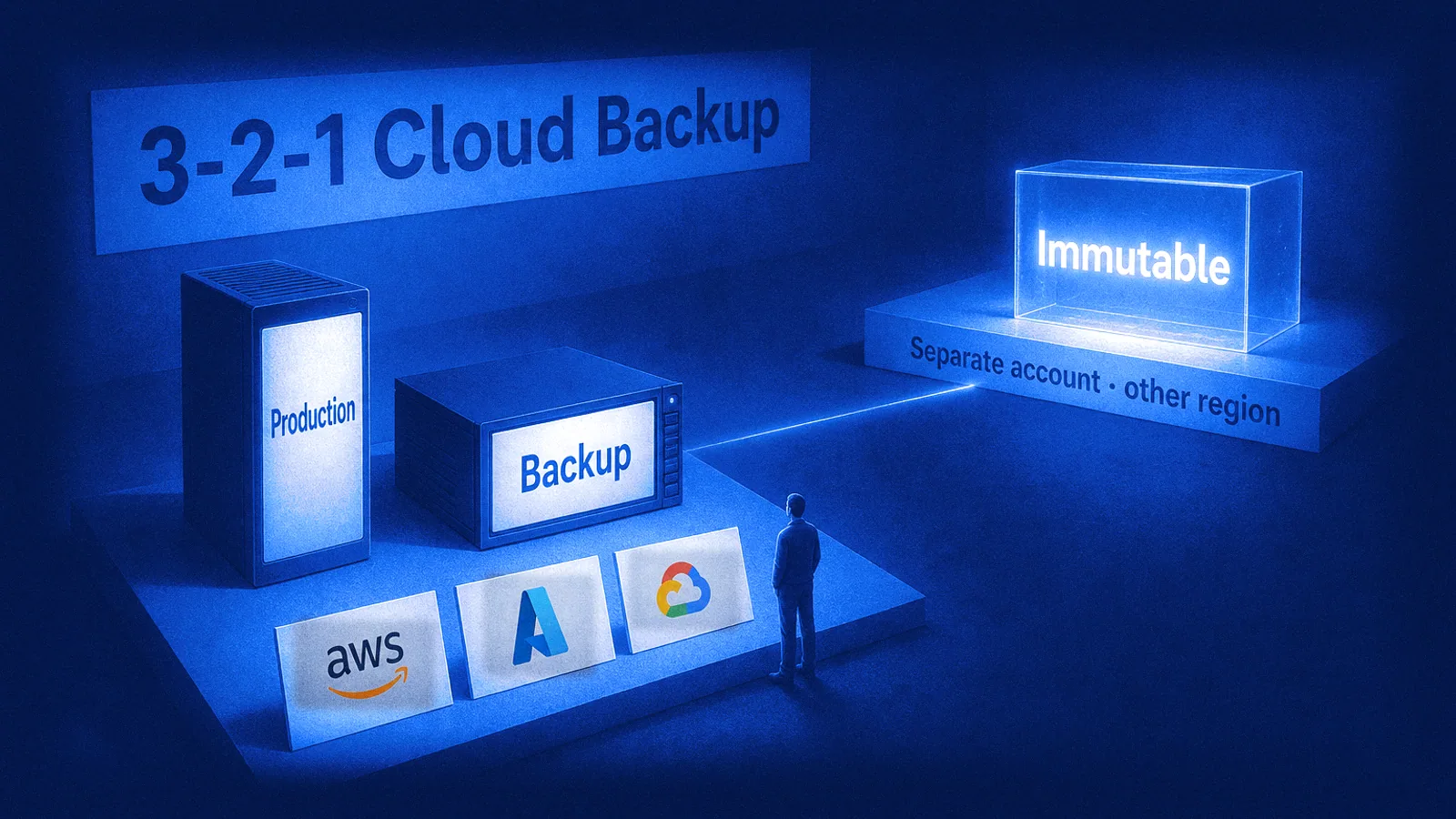 Three cloud storage units in low light: production and a backup on one platform, and a third sealed in a glowing glass block marked immutable on a separate platform across the dark.