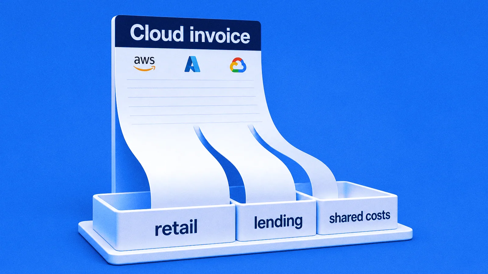 A single cloud invoice marked with AWS, Azure and Google Cloud logos, its lower half cut into three strips that fall into trays labelled retail, lending and shared costs.