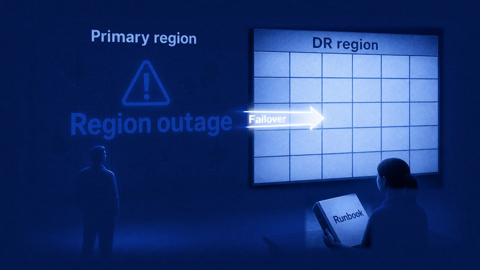 An engineer in a dim operations room watches two wall screens: the primary region in outage on the left and the healthy DR region on the right, with a glowing failover arrow from primary to DR.