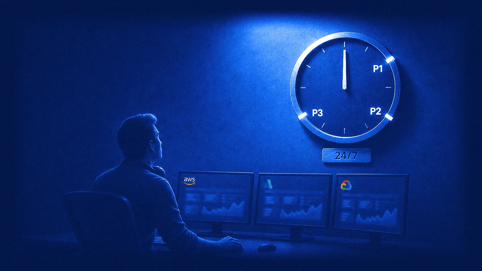A cloud operations engineer at a night desk, with AWS, Azure and Google Cloud on the monitors, looks up at a wall clock marked P1, P2 and P3 in order of urgency, with a 24/7 plate beneath it.