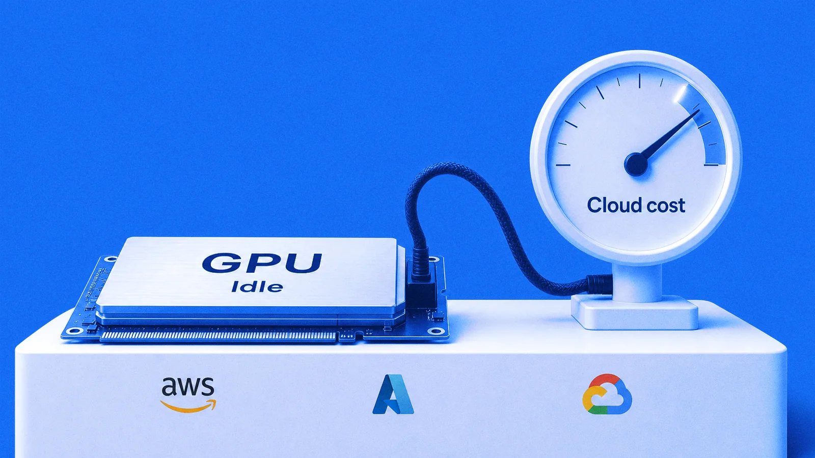 A GPU module labelled idle, wired to a cost meter whose needle reads high, on a plinth marked AWS, Microsoft Azure and Google Cloud.