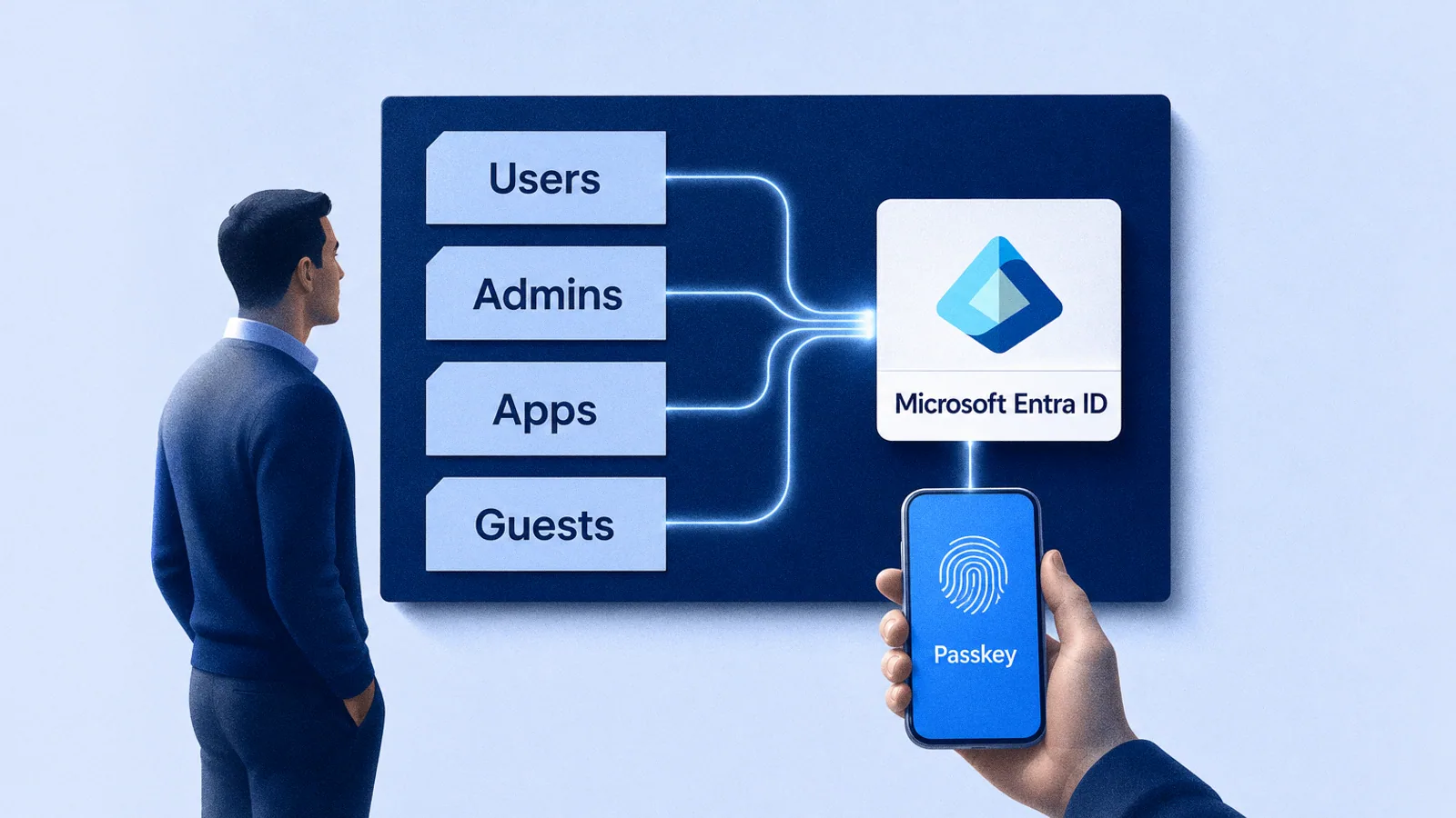 An identity engineer beside a display where cards for users, admins, apps and guests each connect into one Microsoft Entra ID tile, while a colleague signs in with a passkey on a phone.