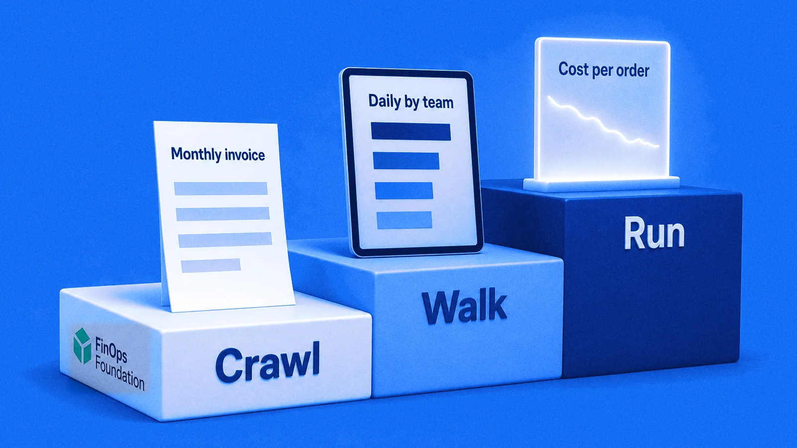 A three-step staircase labelled Crawl, Walk and Run with the FinOps Foundation mark: invoice, team dashboard tablet, cost display.