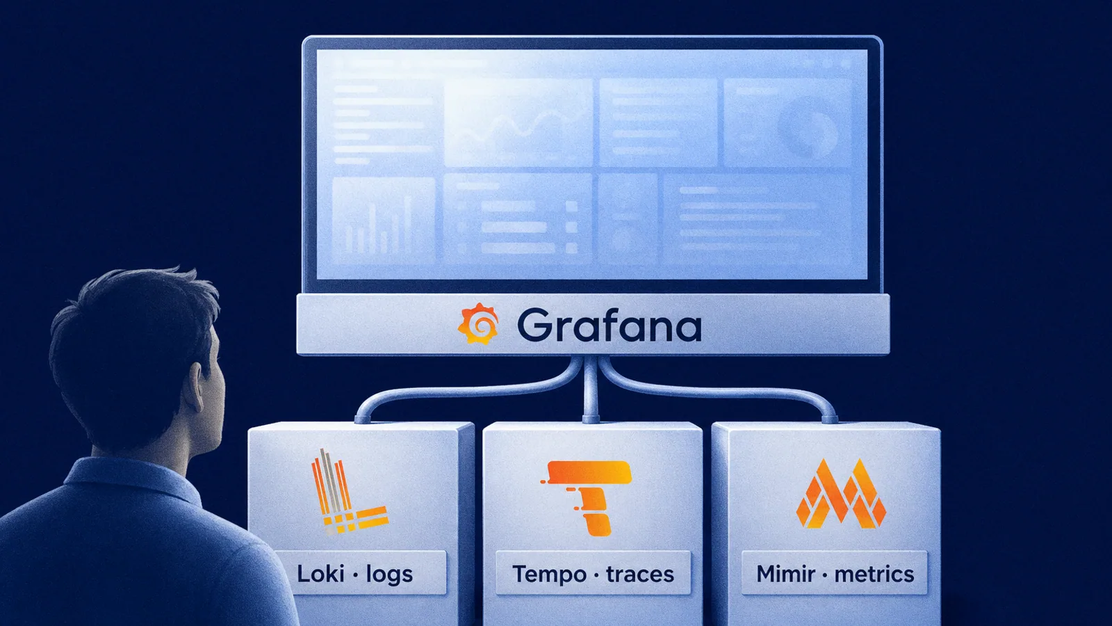 Grafana LGTM stack architecture with Loki, Grafana, Tempo and Mimir: an engineer at a Grafana screen wired to three storage units for logs, traces and metrics