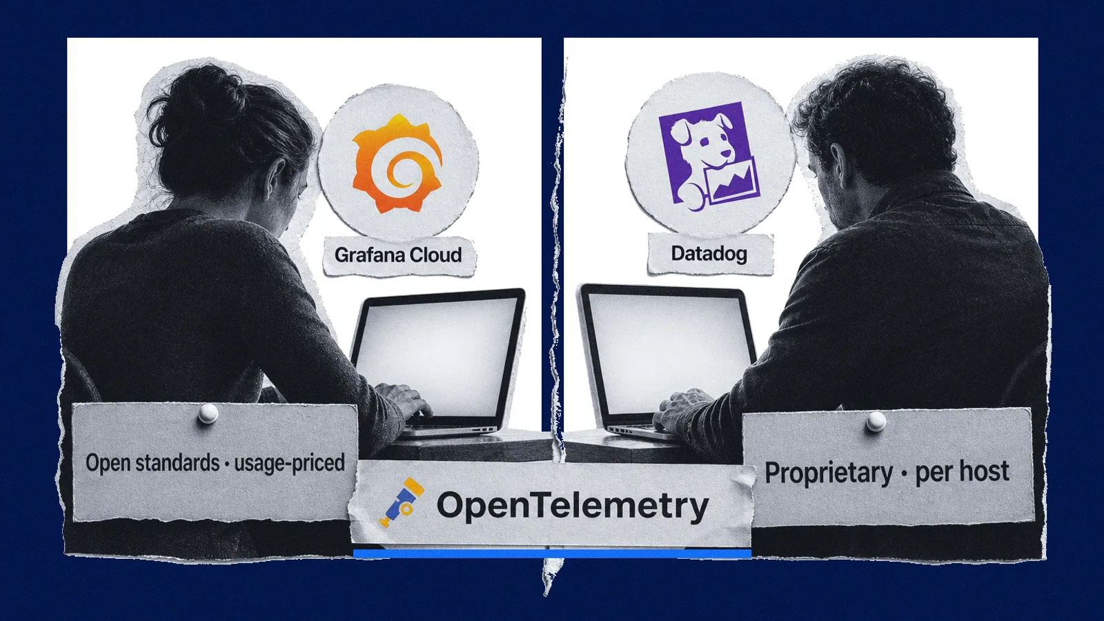 Photo collage split down the middle: an engineer under the Grafana mark labelled 'Open standards, usage-priced' faces an engineer under the Datadog mark labelled 'Proprietary, per host', with an OpenTelemetry strip taped across both halves.