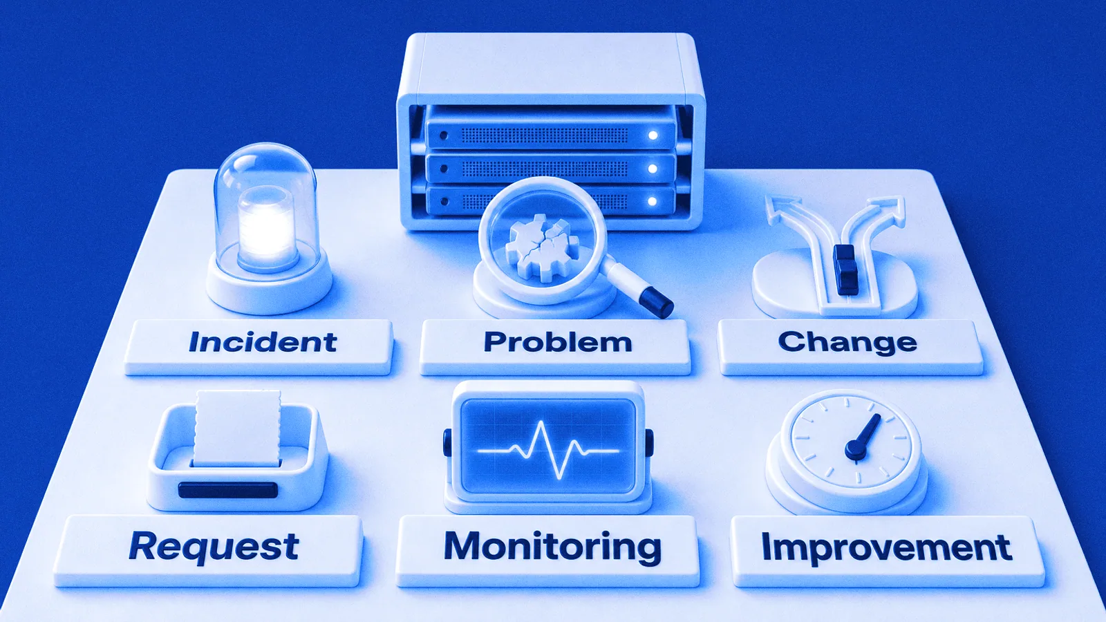 An open-frame module of three server blades with blue status lights sits at the centre of a round plinth, ringed by six objects on tiles labelled Incident, Problem, Change, Request, Monitoring and Improvement.