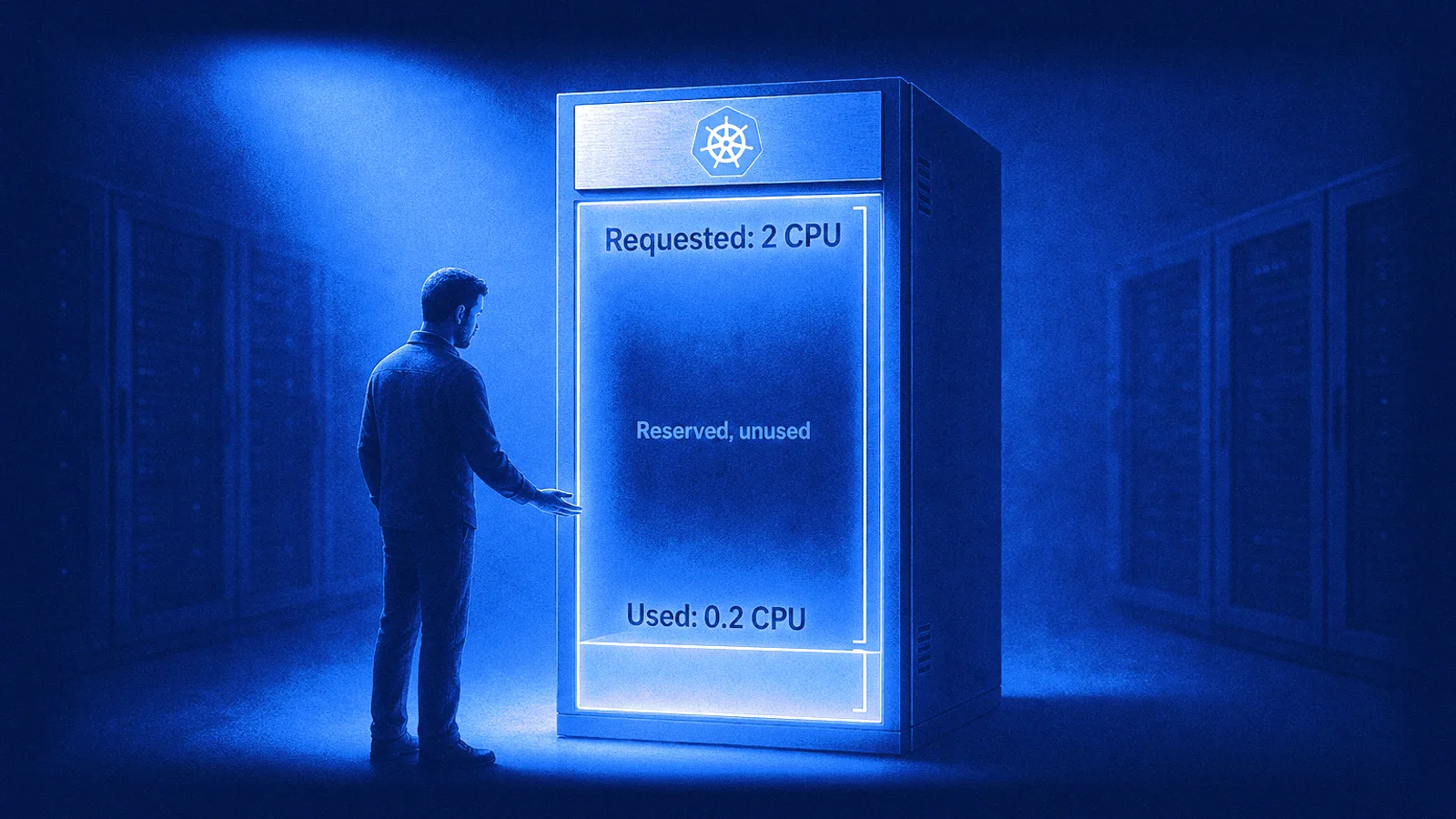 An engineer in a dim server room looks at a Kubernetes node whose glass front is labelled Requested: 2 CPU, with only the bottom tenth lit and labelled Used: 0.2 CPU; the dark space above reads Reserved, unused.