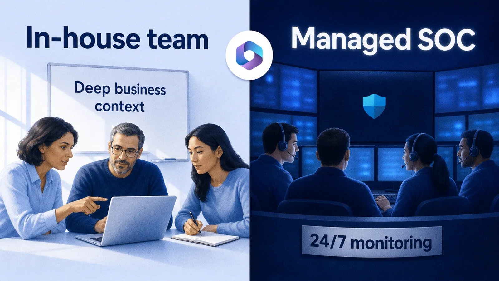Split image: an in-house team works around a laptop by day; a managed SOC crew watches screens at night; Microsoft 365 badge on the seam.