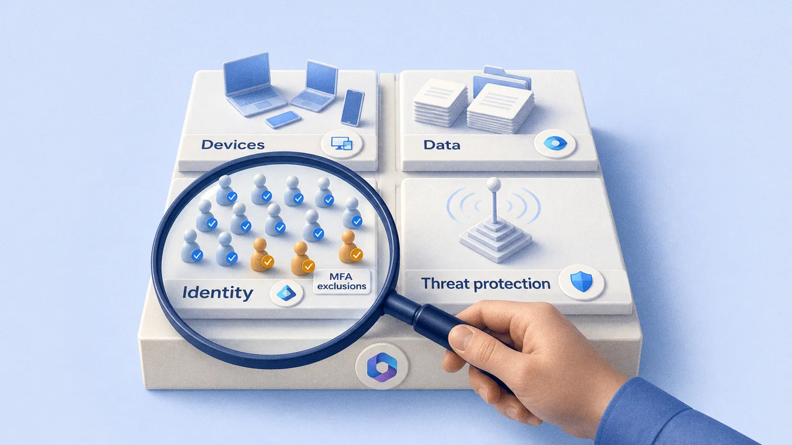 A magnifying glass held over the Identity area of a Microsoft 365 tenant model, revealing users with MFA exclusions, beside the Devices, Data and Threat protection areas marked with Intune, Purview and Defender.