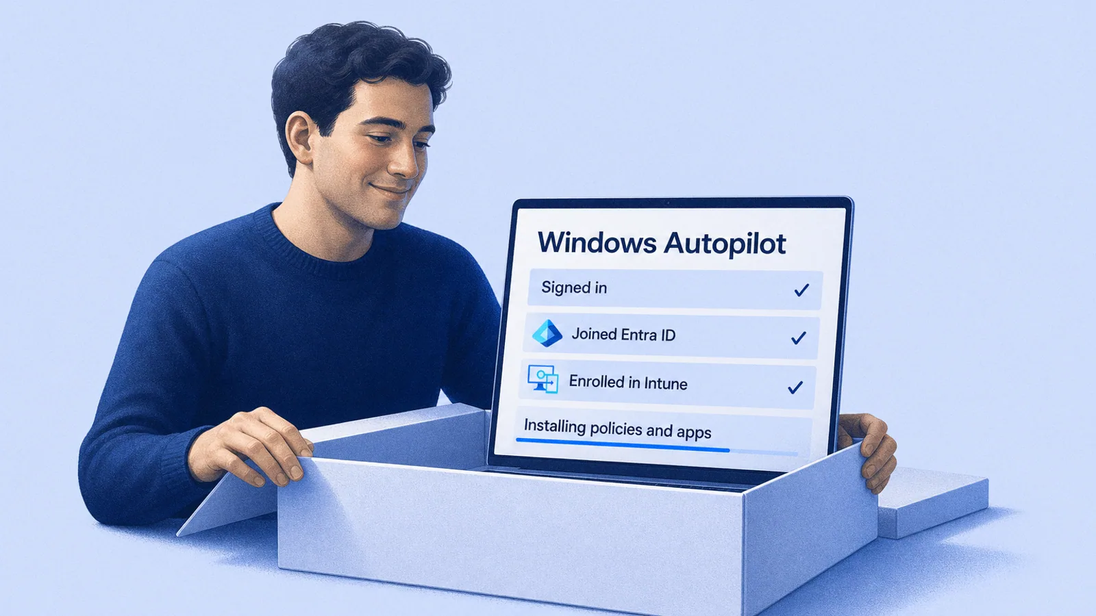 A new employee sits behind an open box as the new laptop inside sets itself up; its screen shows Windows Autopilot steps: signed in, joined Entra ID, enrolled in Intune, installing policies and apps.