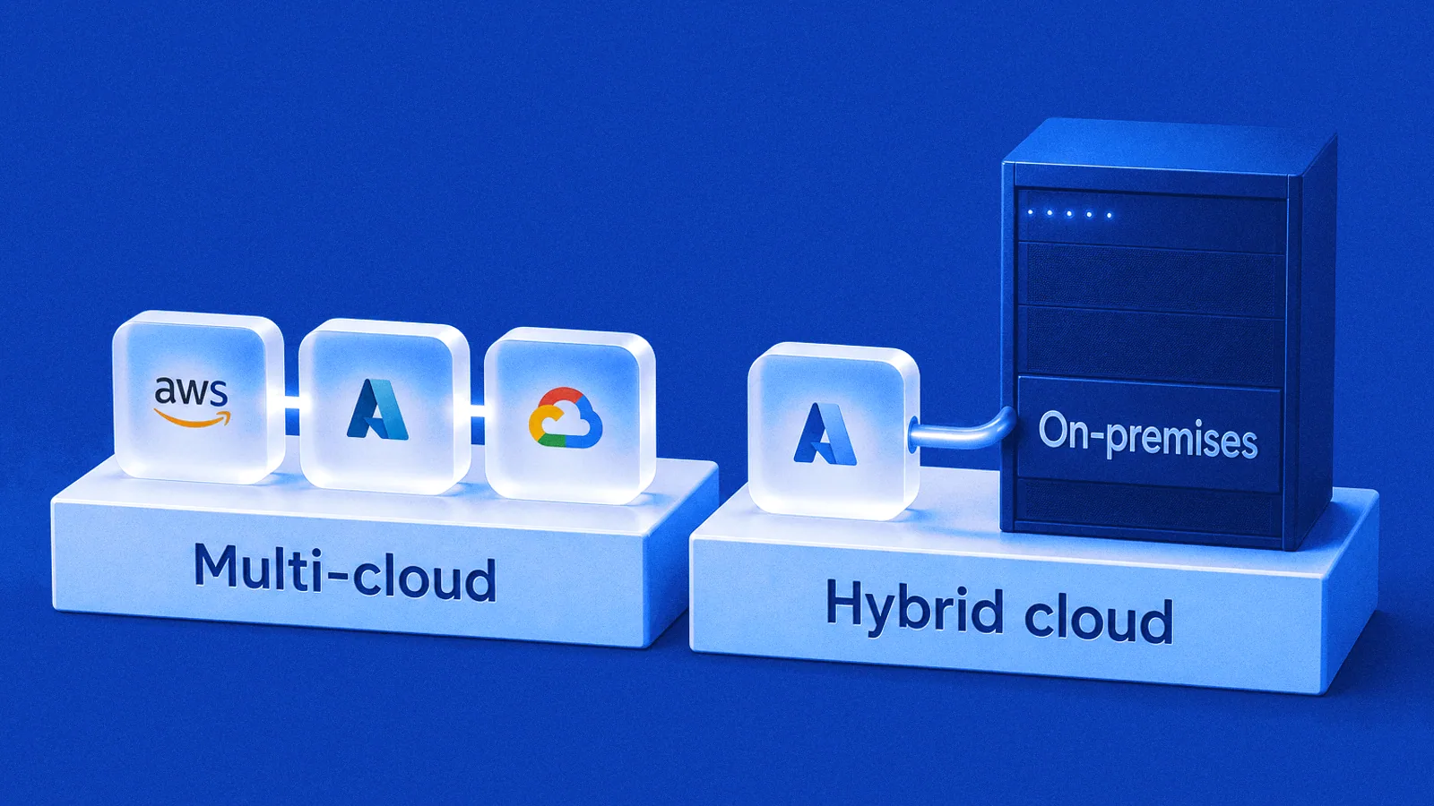 Two studio plinths: left, three modules marked AWS, Microsoft Azure and Google Cloud labelled Multi-cloud; right, an Azure module cabled to an on-premises server rack labelled Hybrid cloud.