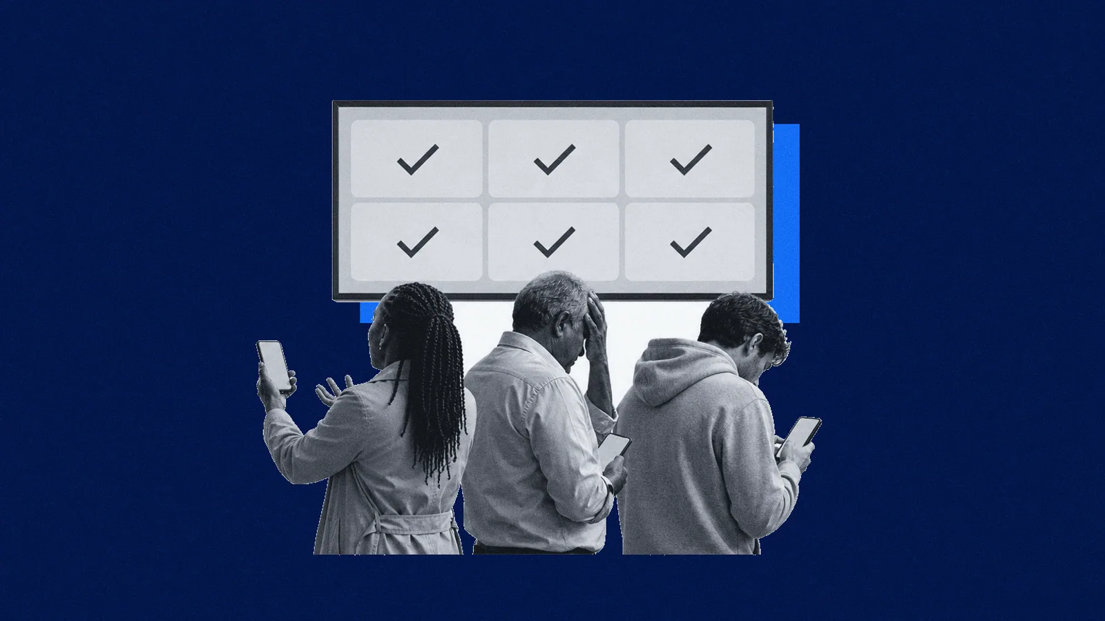 Three frustrated customers on their phones under a status board of check marks: the dashboard says fine, the users say not.