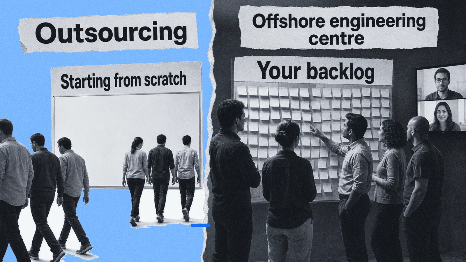 Photo collage split by a torn paper seam. On the left, under an 'Outsourcing' banner, three vendor engineers walk out of frame while a new trio arrives at a blank whiteboard headed 'Starting from scratch'. On the right, under an 'Offshore engineering centre' banner, a mixed team holds a standup at a full board headed 'Your backlog', with two remote colleagues on a wall screen.