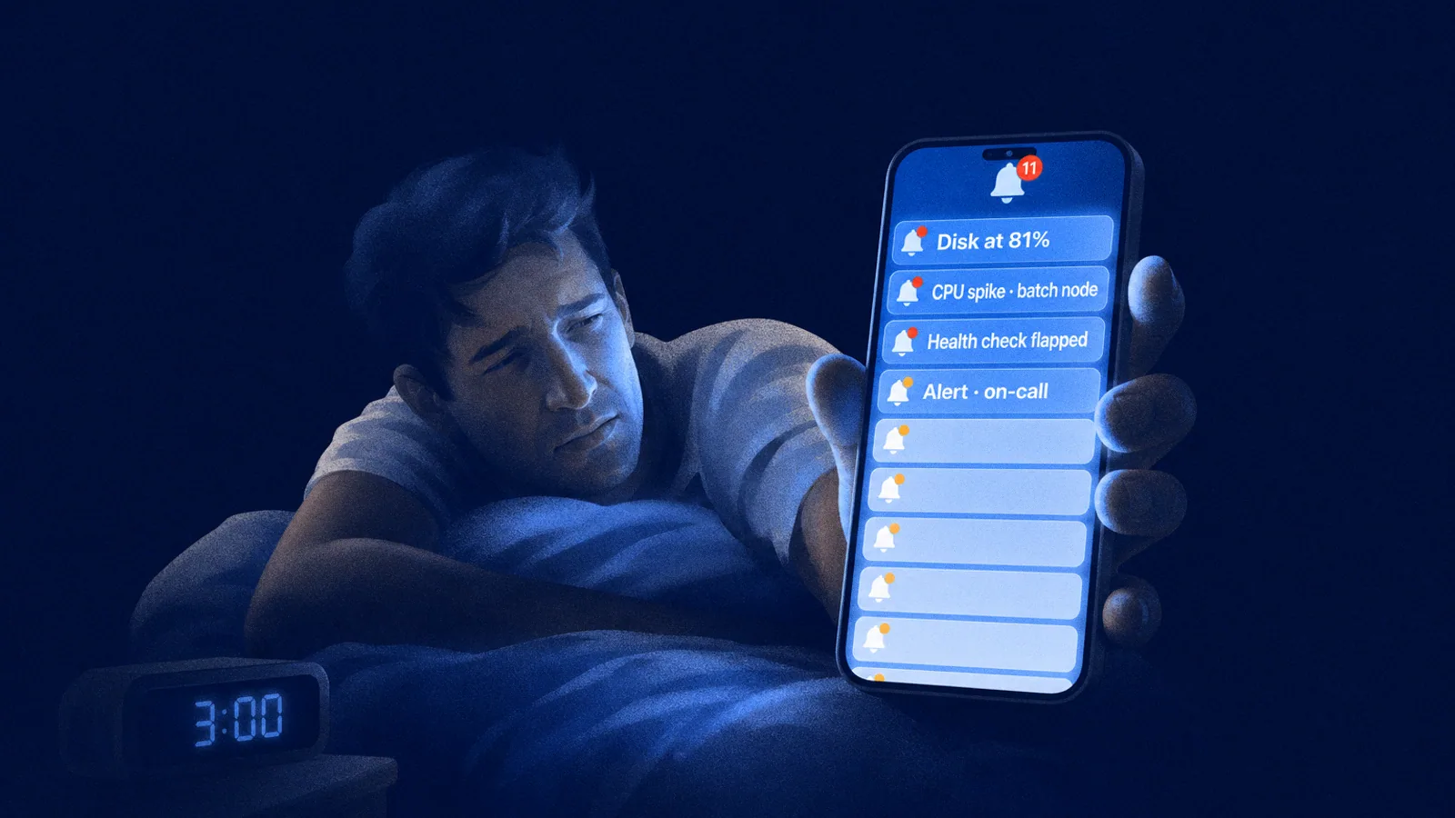 An on-call engineer, woken at 3 a.m., squints at a phone screen overflowing with alert notifications.