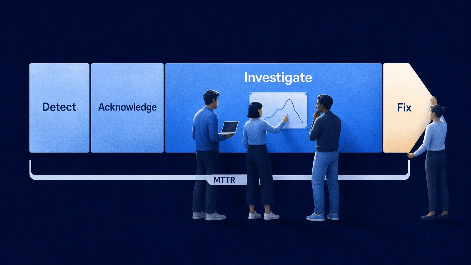 Engineers stand along a wall timeline split into detect, acknowledge, investigate and fix, gathered at the long investigate stage, with MTTR spanning the whole line