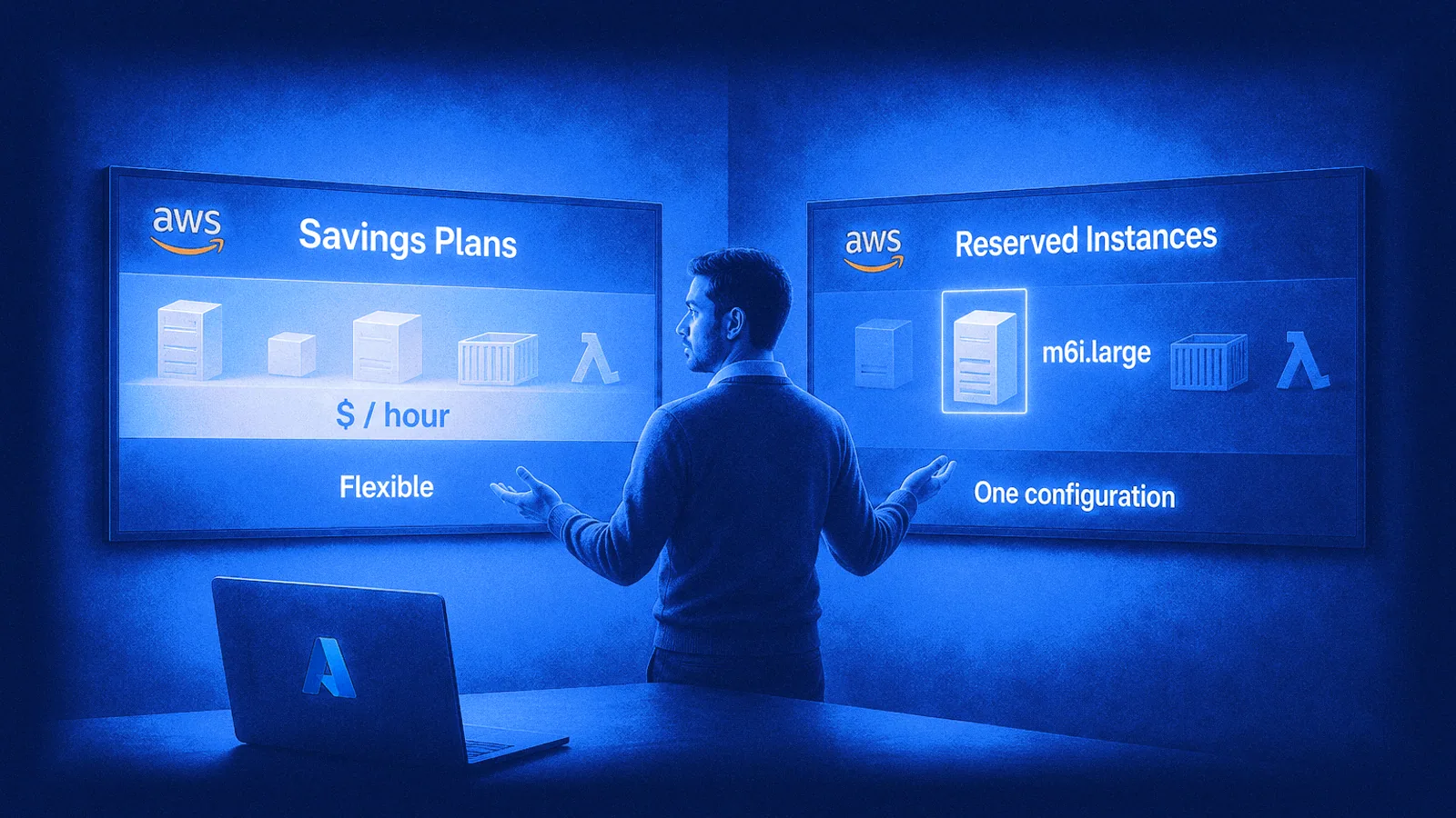 A FinOps lead stands between two wall screens: Savings Plans, one dollars-per-hour band over many compute types; Reserved Instances, one m6i.large slot.