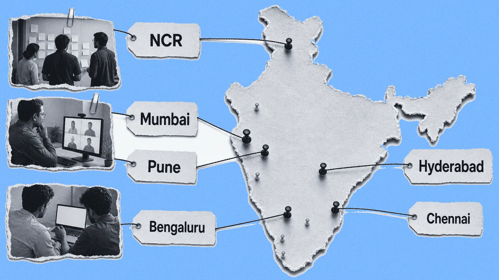 Paper-collage map of India with tags marking Bengaluru, Hyderabad, Pune, Chennai, NCR and Mumbai, smaller pins at emerging cities, and photos of engineers at work clipped to the hubs