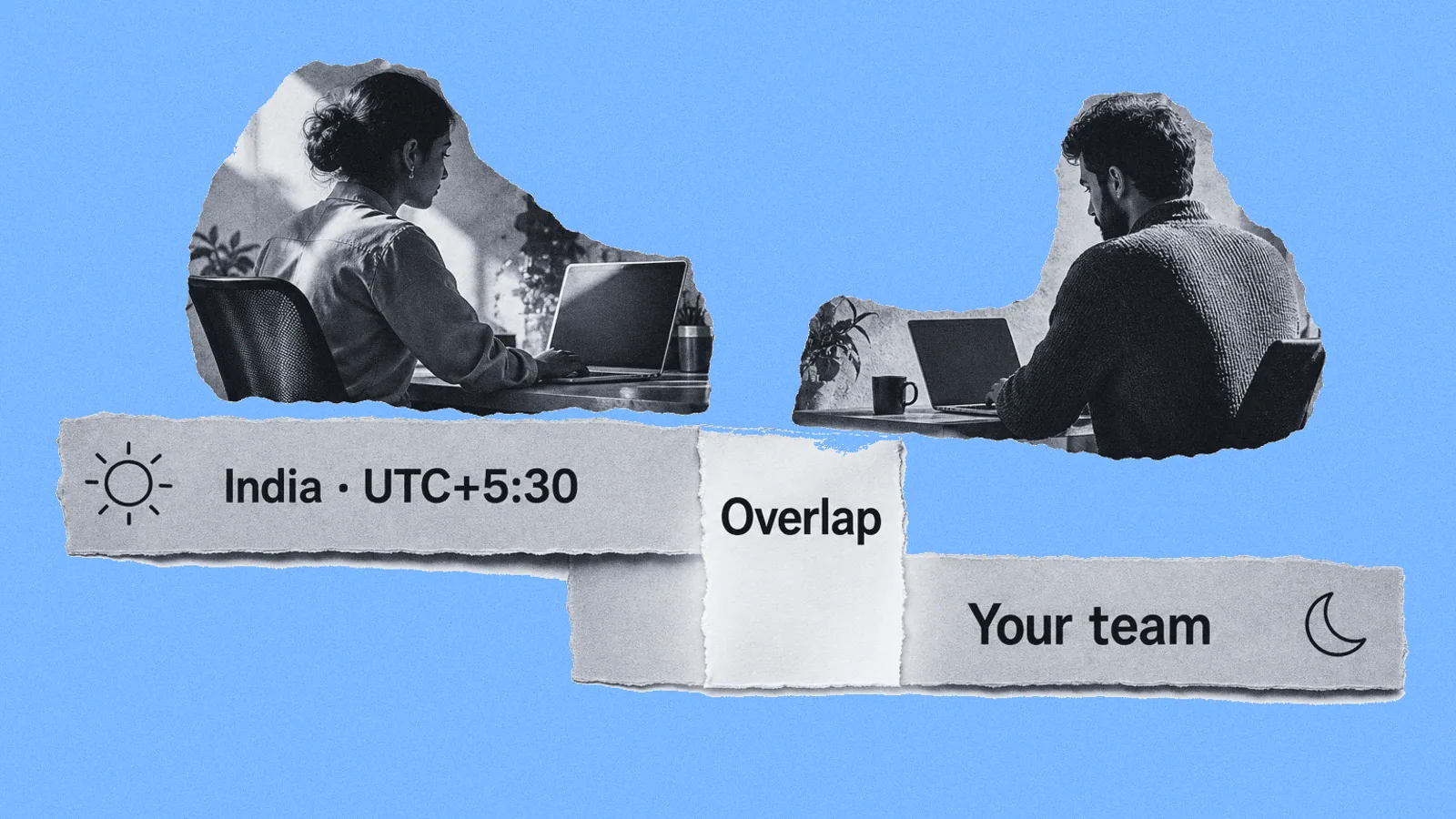 Collage of an engineer in India and a colleague in another time zone, with their two offset working-day bands crossing in one highlighted overlap window.