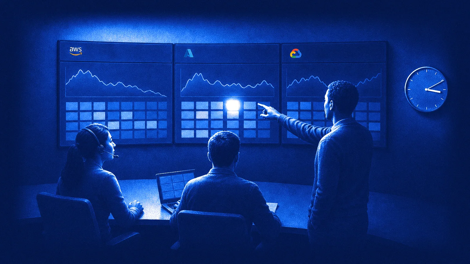 An operations team in a dimly lit room at 3 a.m. watches three screens carrying the AWS, Microsoft Azure and Google Cloud logos; one engineer points at a bright alert on the Azure screen.