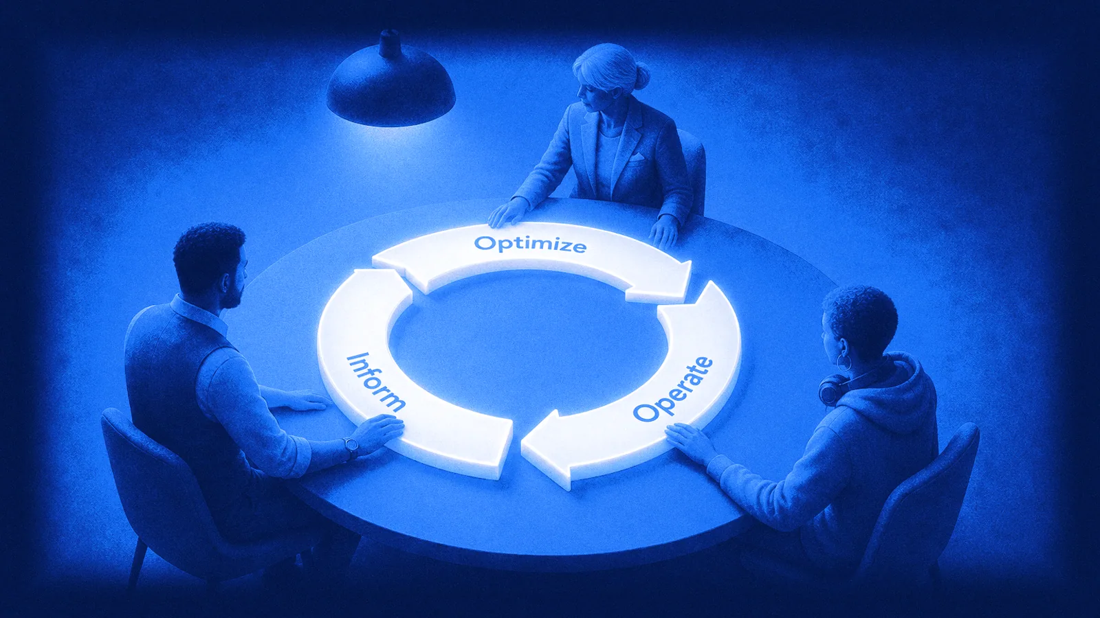 Finance, engineering and leadership each steer one stage of the FinOps loop: Inform, Optimize, Operate.