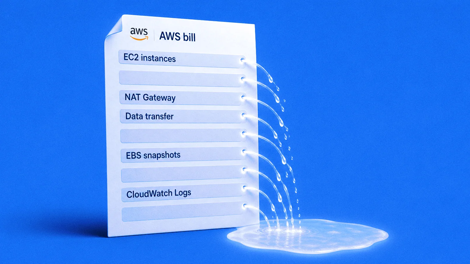 An AWS bill with nine small glowing leaks, five labelled EC2 instances, NAT Gateway, Data transfer, EBS snapshots and CloudWatch Logs, dripping blue light into a pool below.