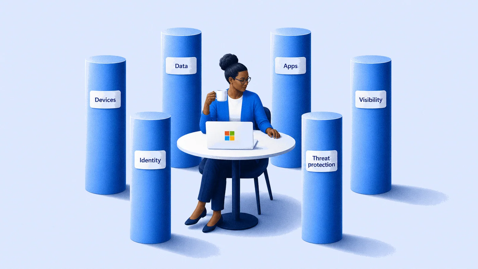 One person works calmly at a Microsoft 365 desk inside six named Zero Trust pillars: identity, devices, threats, data, apps, visibility.