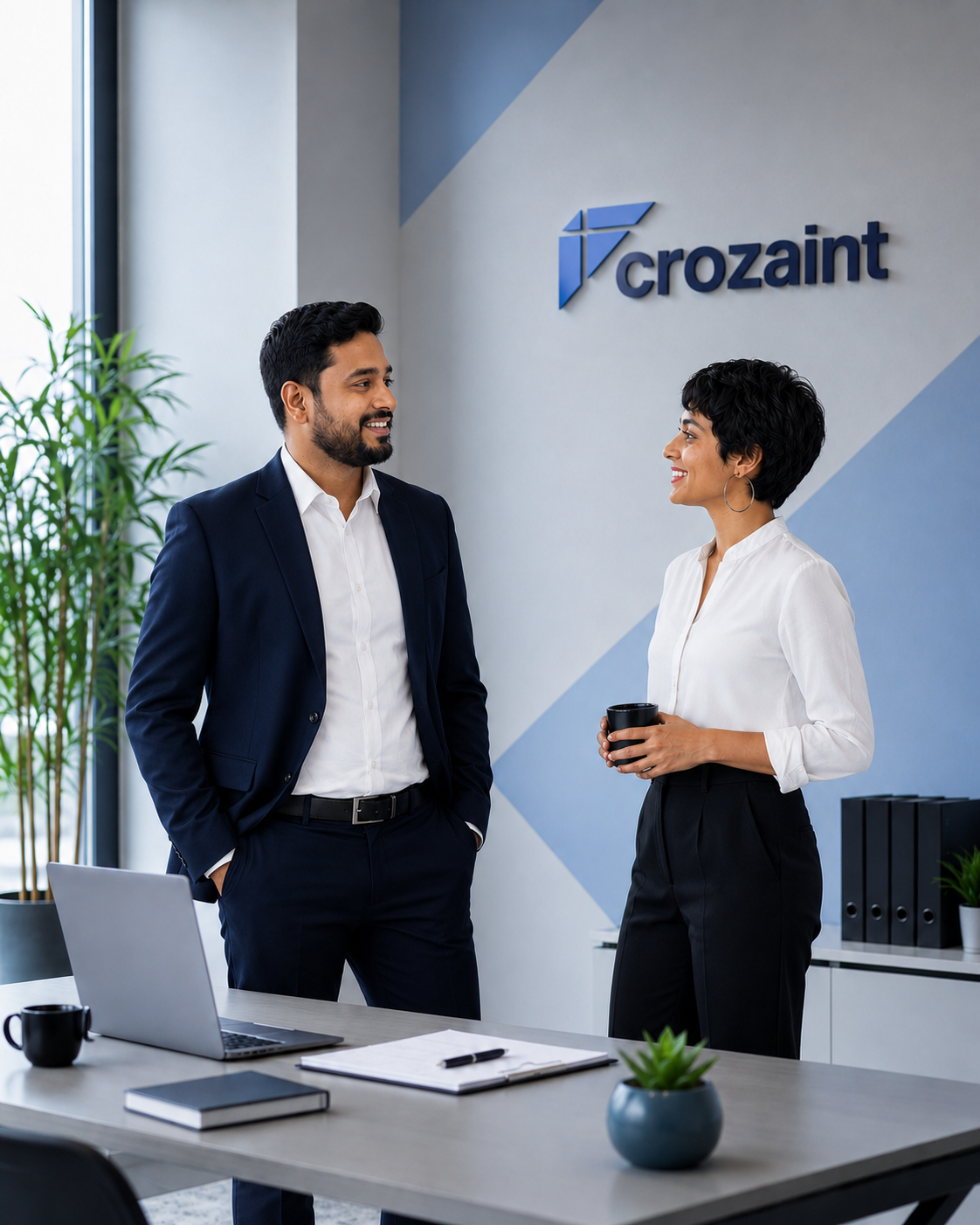 Two Crozaint team members talking in a bright modern office
